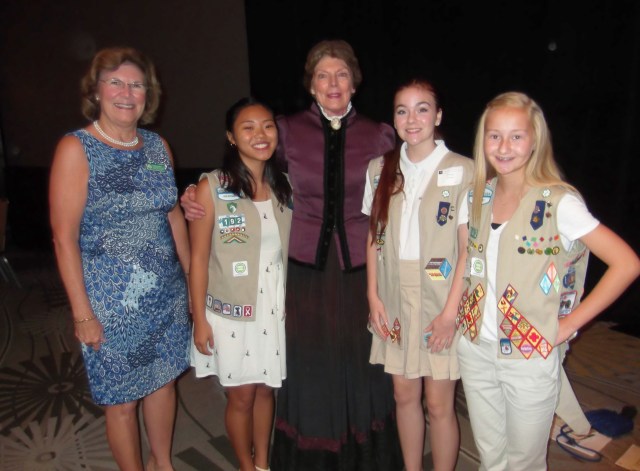 (L to R) Sue Stewart, Ellie, Susan B. Anthony, Emily and Bekah at Women’s Equity Day Luncheon