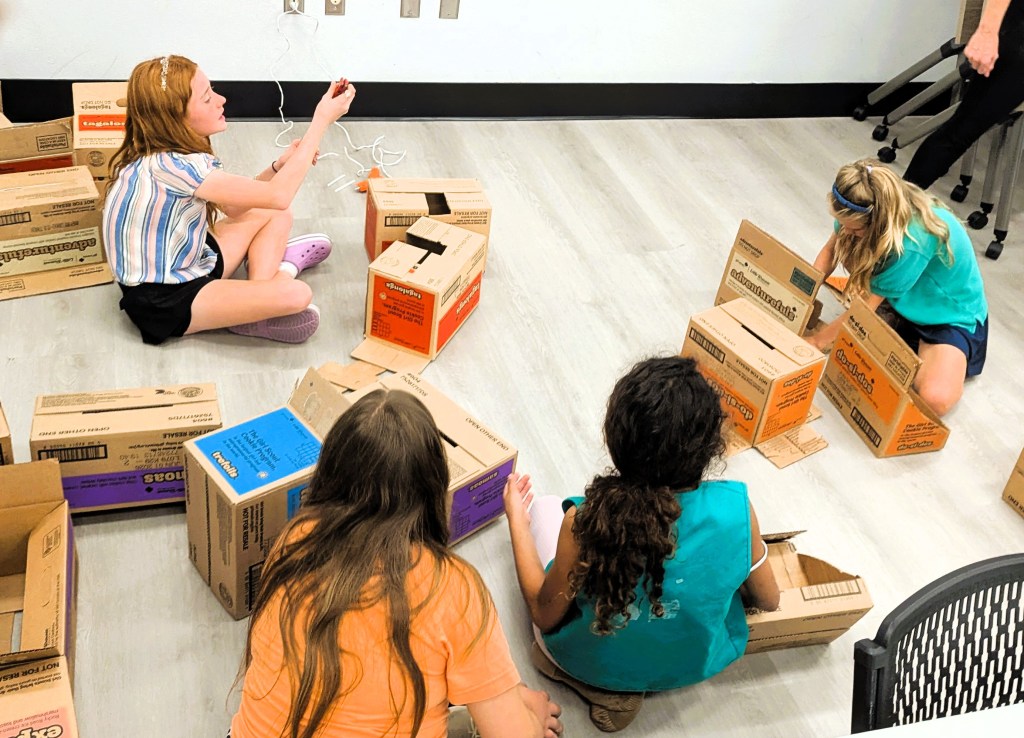 Girl Scouts Rylee P., Reagan P., June T., Kiera G., and Avalynn R. of Girl Scouts of Gulfcoast Florida earned the Girl Scout Bronze Award by recycling Girl Scout Cookie boxes to build cat scratchers and hideout towers that enrich the lives of shelter cats awaiting adoption.