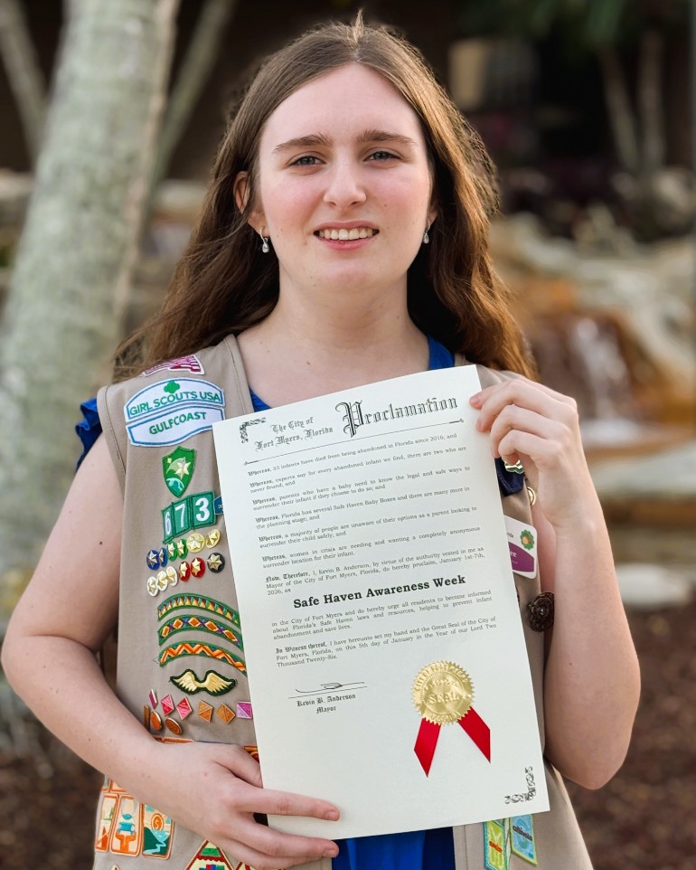 Kaylee Jones of Girl Scouts of Gulfcoast Florida earned her Girl Scout Gold Award by leading the “Hope for the Helpless” initiative to raise awareness of Safe Haven laws and advocate for Safe Haven Baby Boxes in Florida to help prevent infant abandonment.