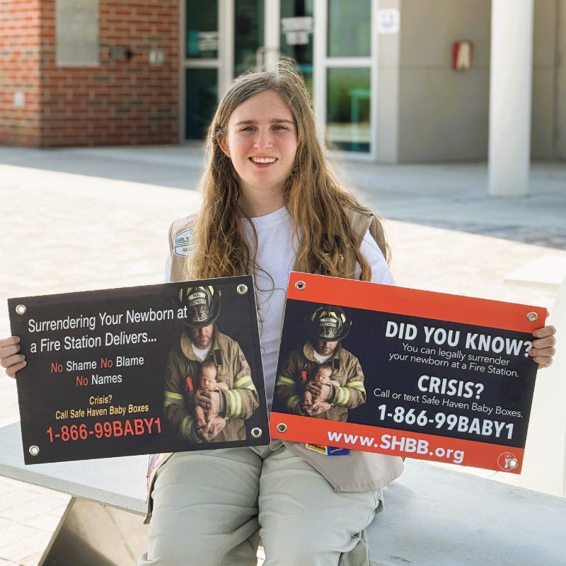 Kaylee Jones of Girl Scouts of Gulfcoast Florida earned her Girl Scout Gold Award by leading the “Hope for the Helpless” initiative to raise awareness of Safe Haven laws and advocate for Safe Haven Baby Boxes in Florida to help prevent infant abandonment.